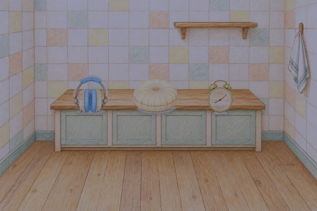 인천 여성전용 브라이덜 케어 안내 그림, 밤의 부엌 나무 조리대 위에 놓인 헤드폰, 둥근 쿠션, 둥근 알람시계