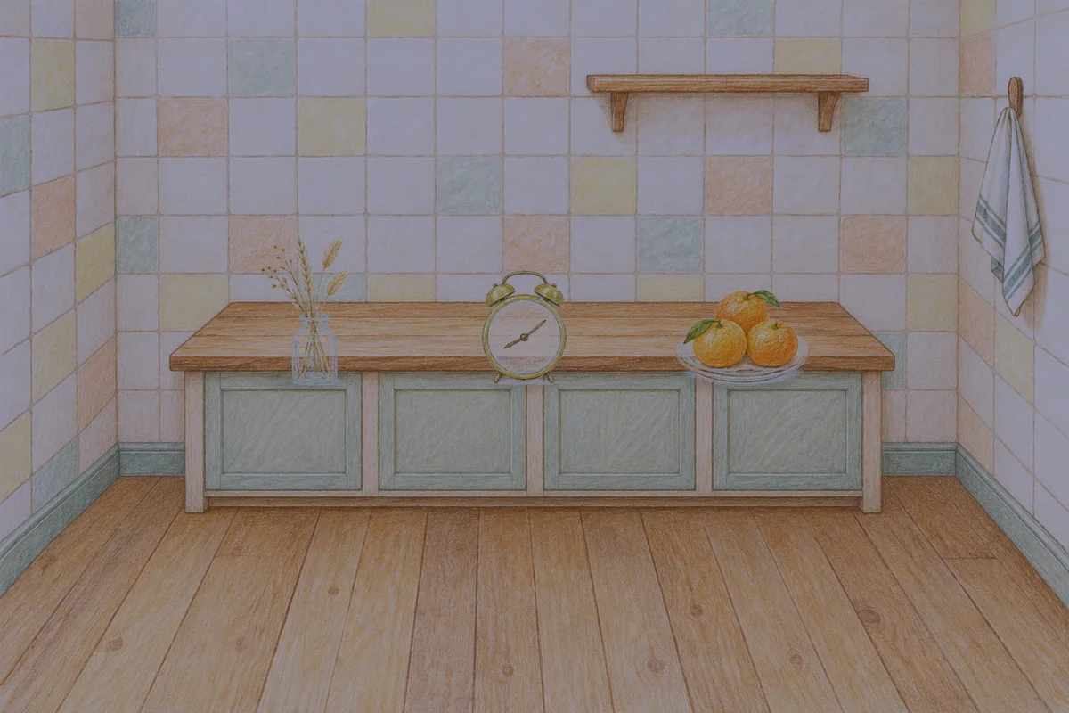 인천 여성전용 피부 관리 안내 그림, 밤의 부엌 나무 조리대 위에 놓인 마른 풀을 꽂은 항아리, 둥근 알람시계, 귤이 담긴 접시