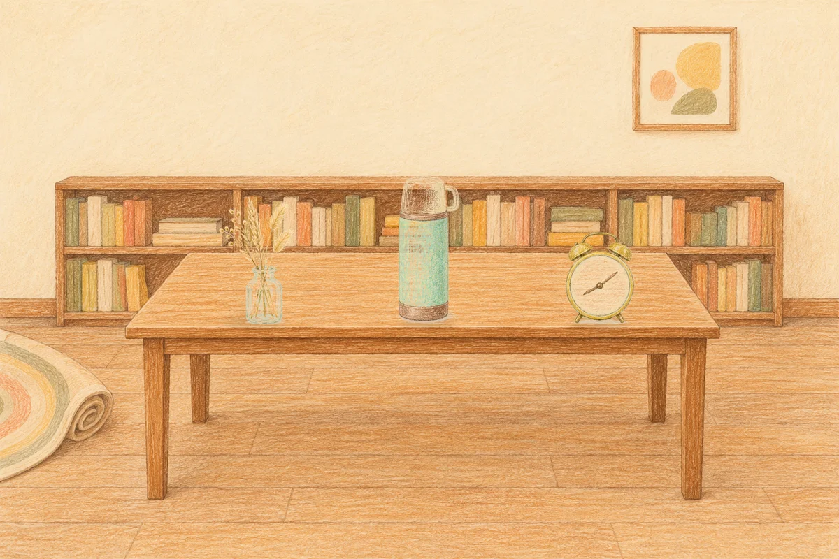 인천 여성전용 가격 마사지 안내 그림, 낮의 서재 긴 책상 위에 놓인 마른 풀을 꽂은 항아리, 보온병, 둥근 알람시계