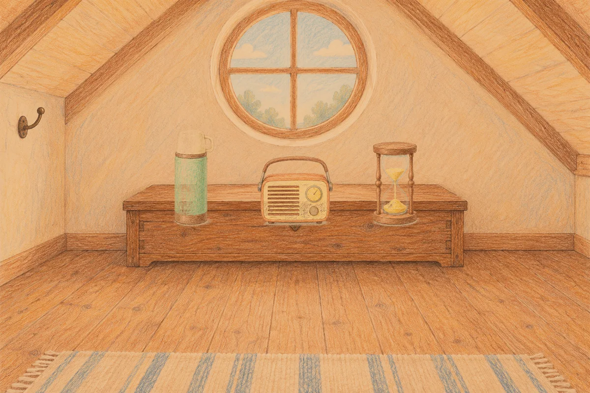 인천 여성전용 출장 마사지 후기 안내 그림, 저녁의 다락방 나무 궤짝 위에 놓인 보온병, 작은 라디오, 모래시계