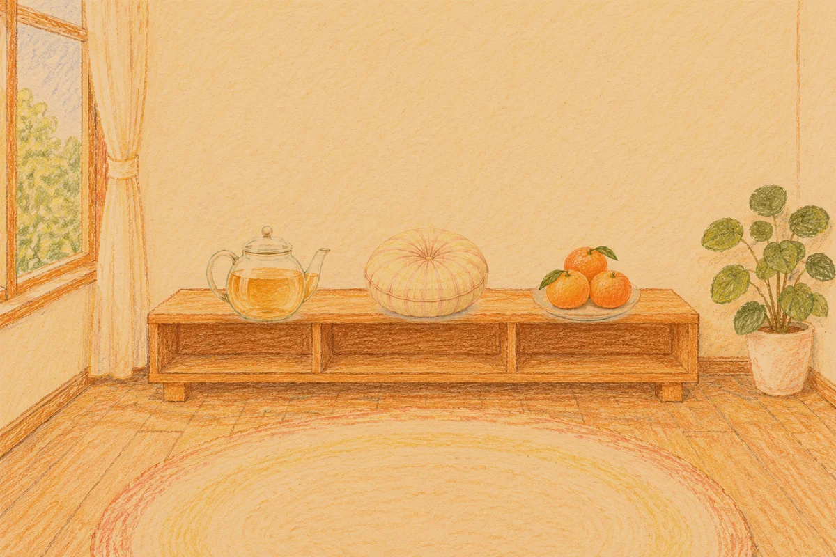 부평 여성전용 아로마테라피 안내 그림, 저녁의 창가 낮은 선반 위에 놓인 유리 티포트, 둥근 쿠션, 귤이 담긴 접시