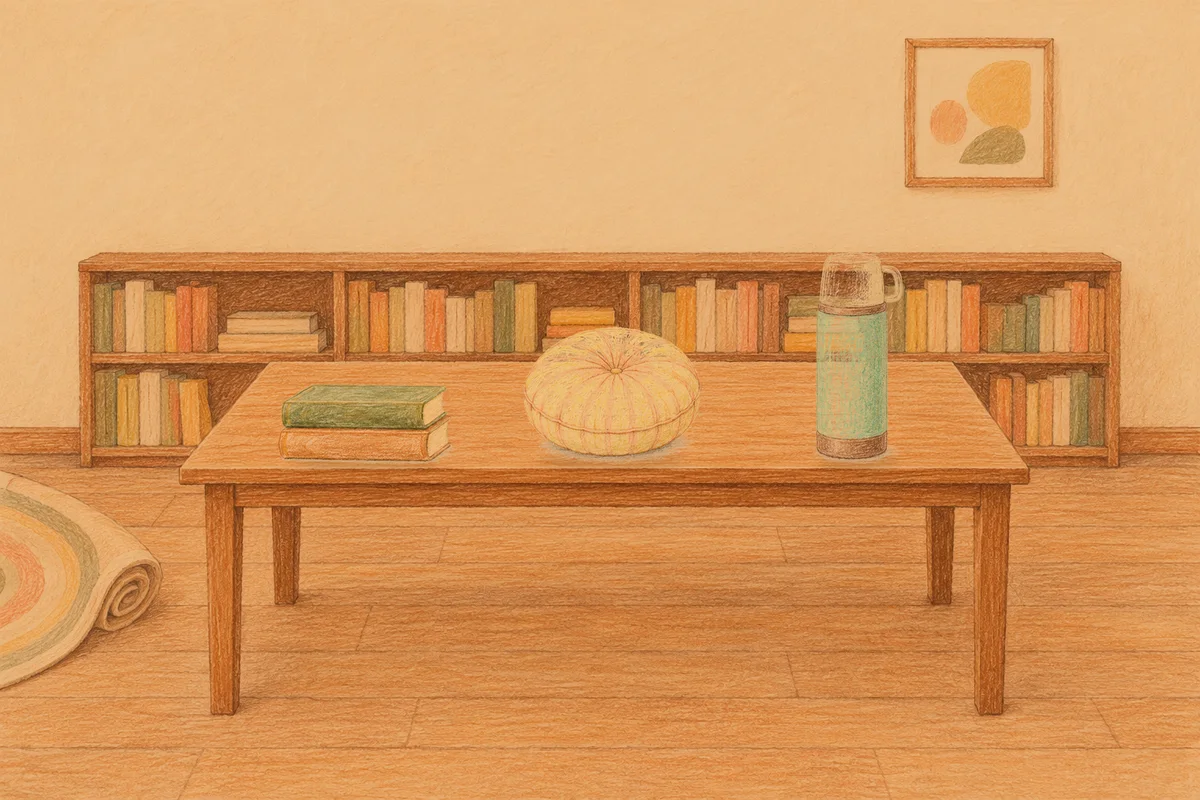 부평 여성전용 스웨디시 후기 안내 그림, 저녁의 서재 긴 책상 위에 놓인 책 두 권, 둥근 쿠션, 보온병
