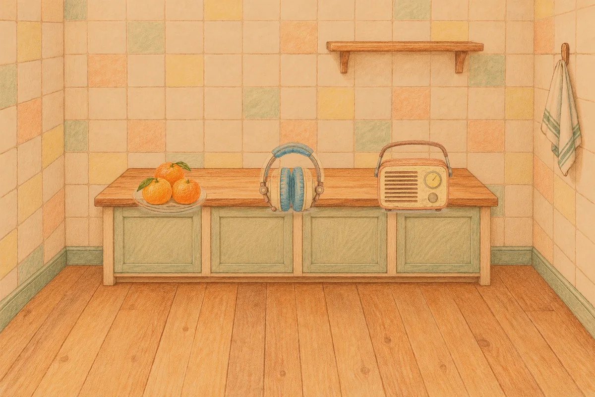 부평 여성전용 아로마 마사지 후기 안내 그림, 저녁의 부엌 나무 조리대 위에 놓인 귤이 담긴 접시, 헤드폰, 작은 라디오