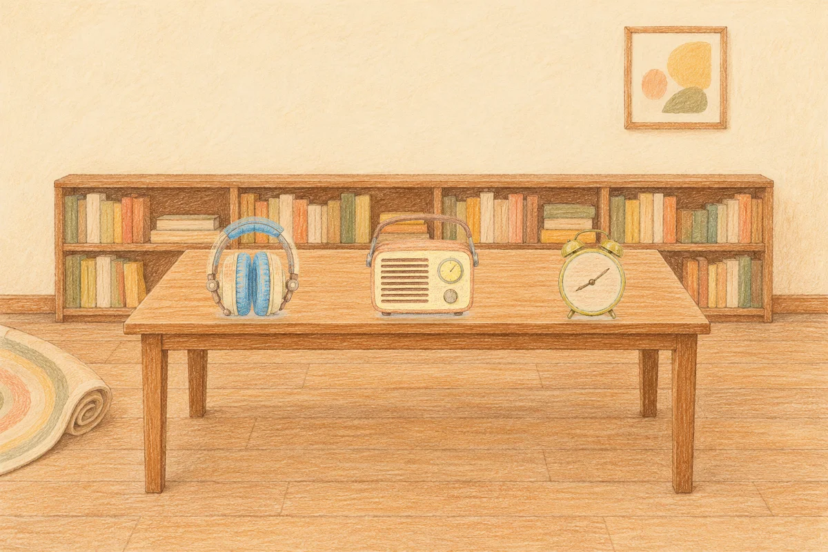 부평 여성전용 스웨디시 가격 안내 그림, 낮의 서재 긴 책상 위에 놓인 헤드폰, 작은 라디오, 둥근 알람시계
