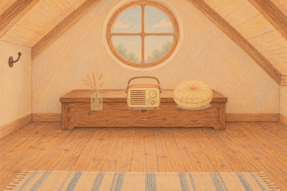 부평 여성전용 경락 마사지 안내 그림, 저녁의 다락방 나무 궤짝 위에 놓인 마른 풀을 꽂은 항아리, 작은 라디오, 둥근 쿠션