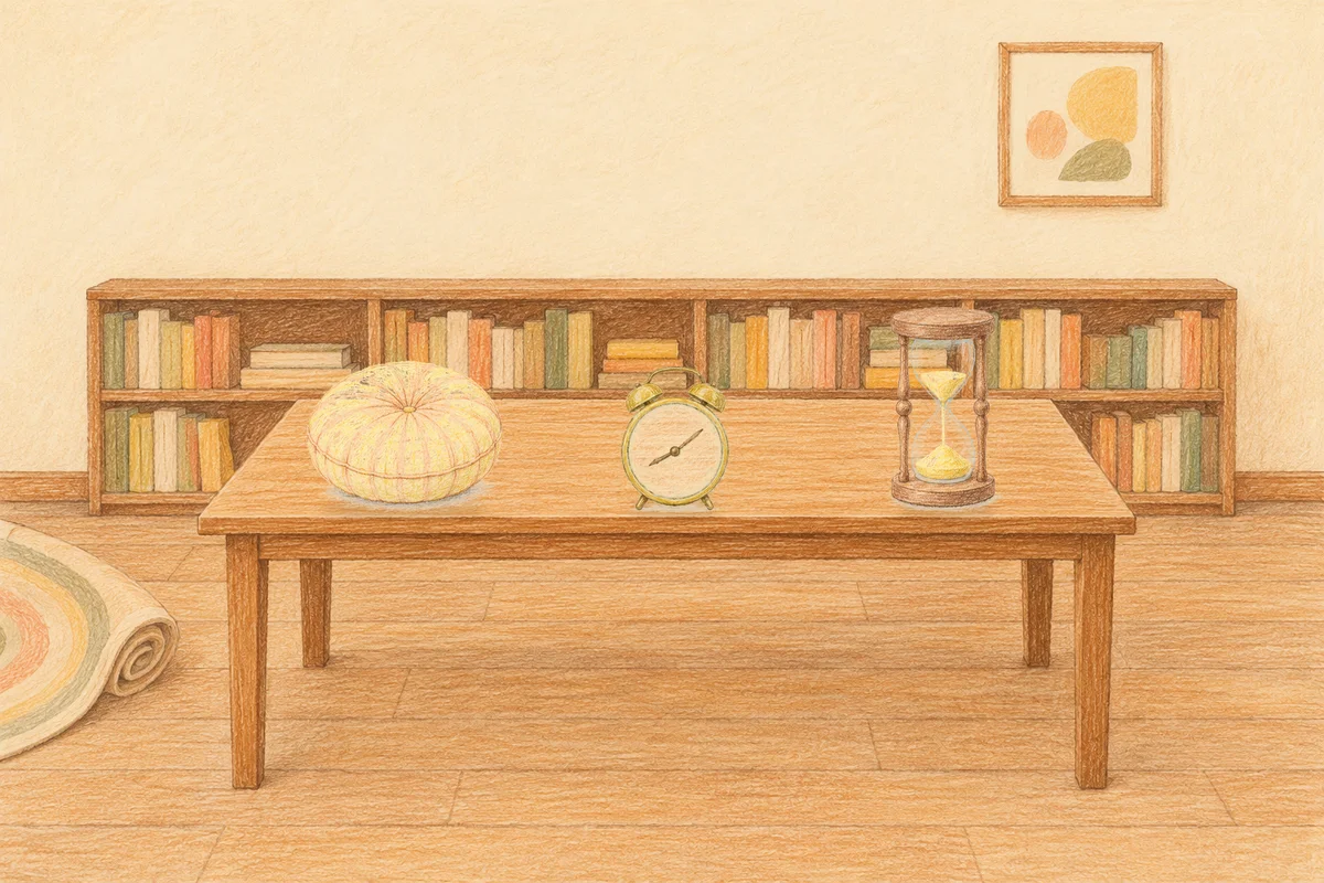 부평 여성전용 경락마사지 후기 안내 그림, 낮의 서재 긴 책상 위에 놓인 둥근 쿠션, 둥근 알람시계, 모래시계
