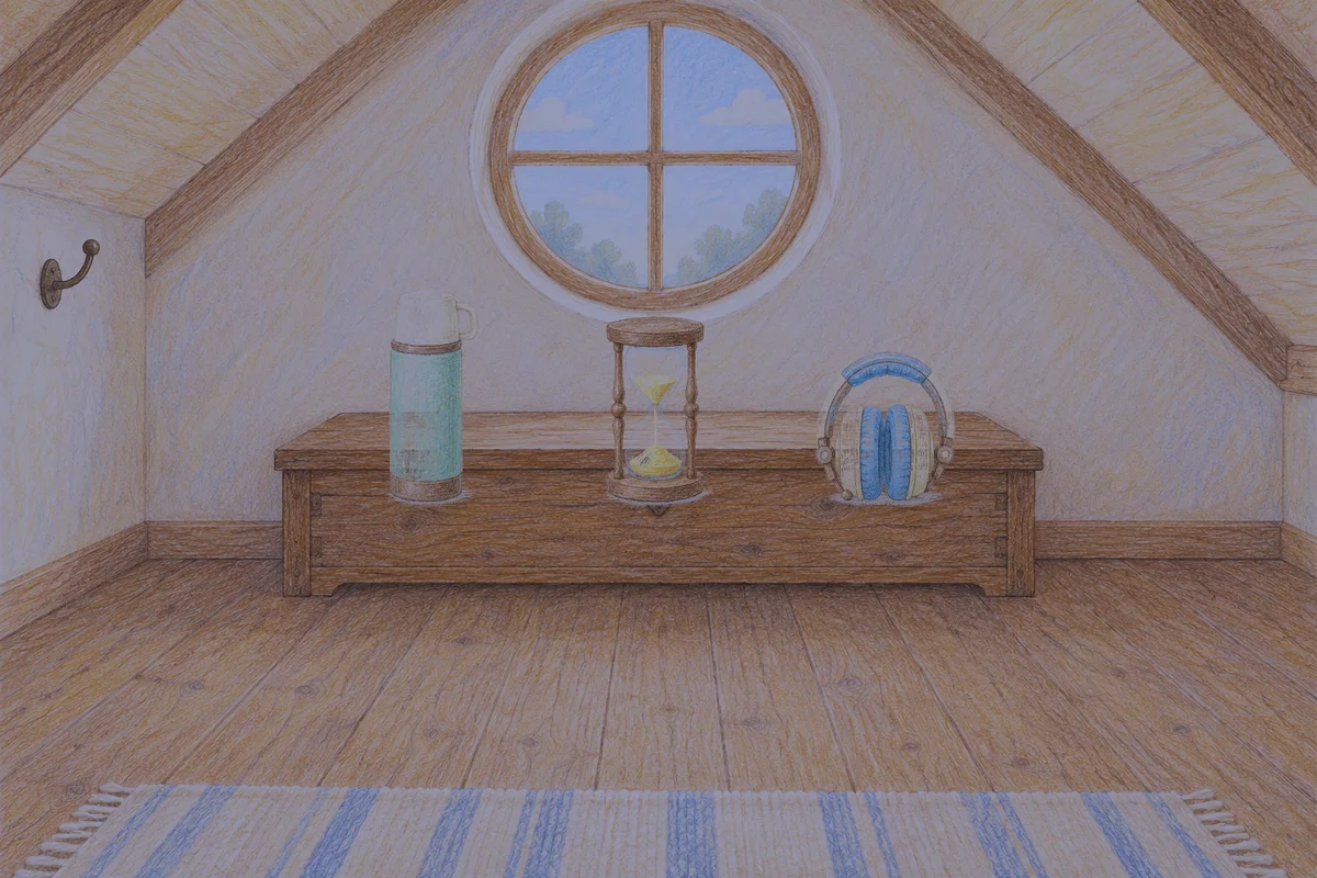 부평 여성전용 경락 가격 안내 그림, 밤의 다락방 나무 궤짝 위에 놓인 보온병, 모래시계, 헤드폰