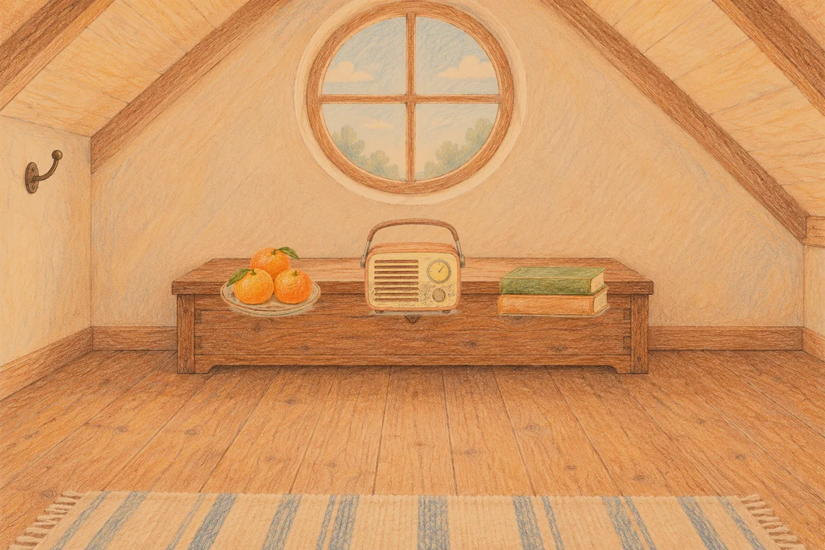 부평 여성전용 방문 마사지 안내 그림, 저녁의 다락방 나무 궤짝 위에 놓인 귤이 담긴 접시, 작은 라디오, 책 두 권