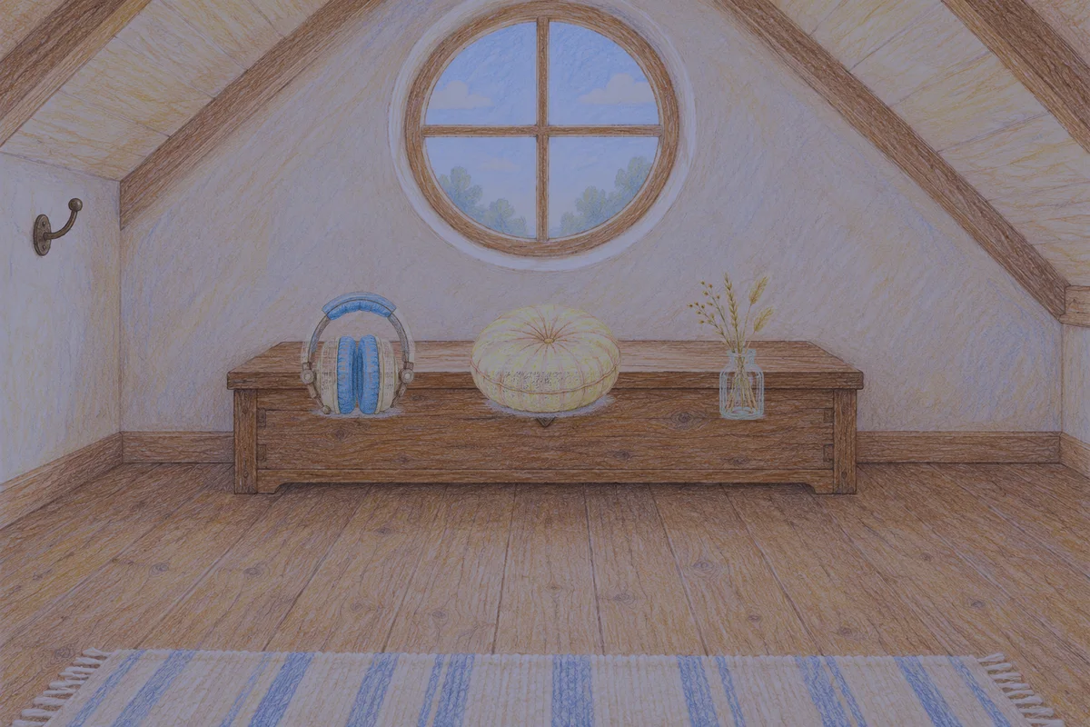 부평 여성전용 방문 홈케어 안내 그림, 밤의 다락방 나무 궤짝 위에 놓인 헤드폰, 둥근 쿠션, 마른 풀을 꽂은 항아리