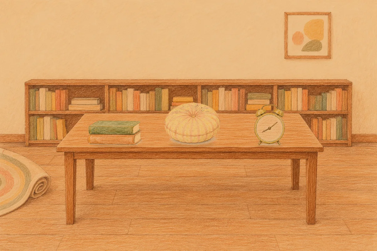 부평 여성전용 홈케어 후기 안내 그림, 저녁의 서재 긴 책상 위에 놓인 책 두 권, 둥근 쿠션, 둥근 알람시계