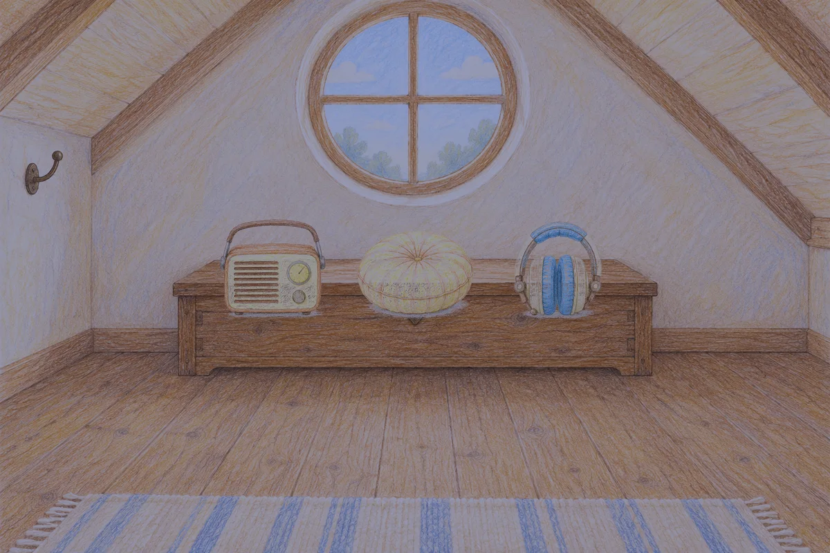 부평 여성전용 발관리 안내 그림, 밤의 다락방 나무 궤짝 위에 놓인 작은 라디오, 둥근 쿠션, 헤드폰