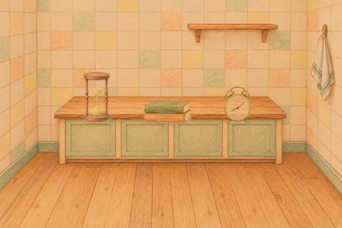 부평 여성전용 발마사지 안내 그림, 저녁의 부엌 나무 조리대 위에 놓인 모래시계, 책 두 권, 둥근 알람시계