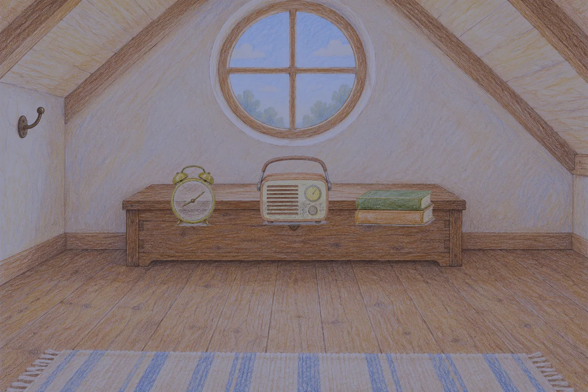부평 여성전용 발관리 후기 안내 그림, 밤의 다락방 나무 궤짝 위에 놓인 둥근 알람시계, 작은 라디오, 책 두 권