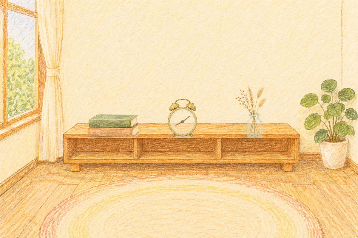 부평 여성전용 발관리 추천 안내 그림, 낮의 창가 낮은 선반 위에 놓인 책 두 권, 둥근 알람시계, 마른 풀을 꽂은 항아리