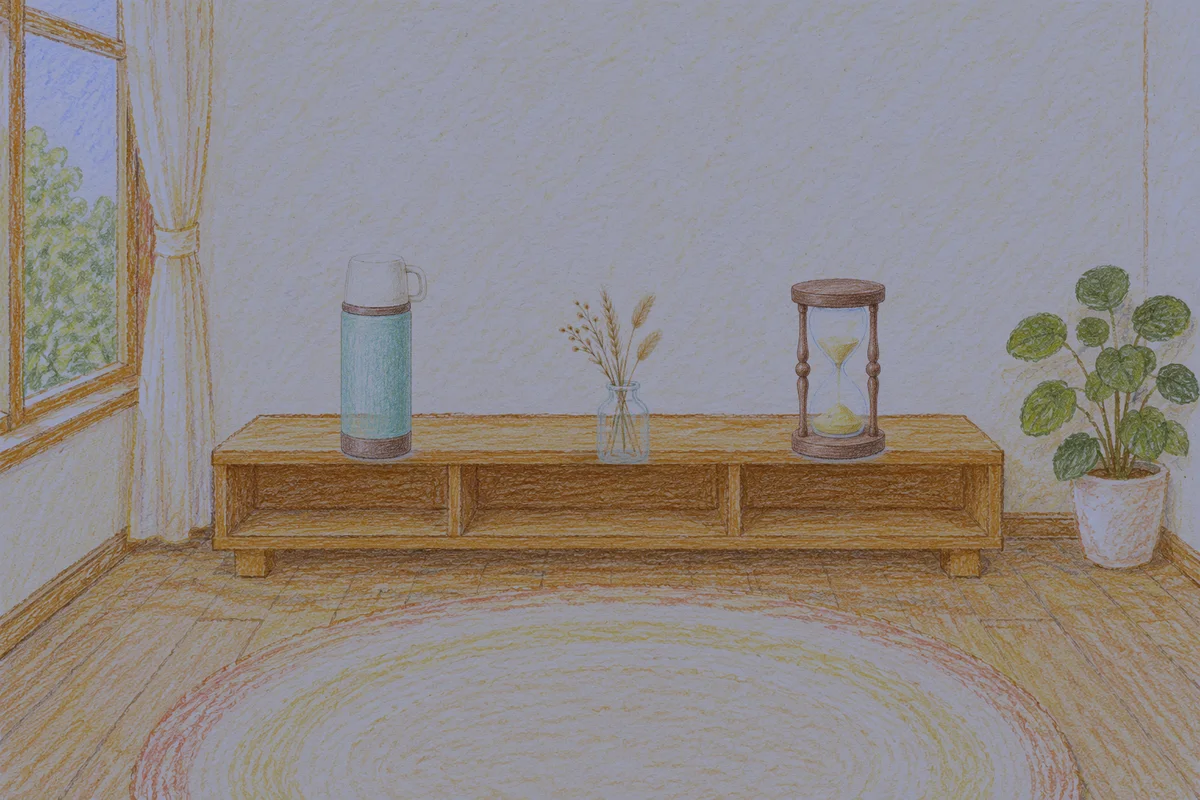 부평 여성전용 림프 마사지 안내 그림, 밤의 창가 낮은 선반 위에 놓인 보온병, 마른 풀을 꽂은 항아리, 모래시계