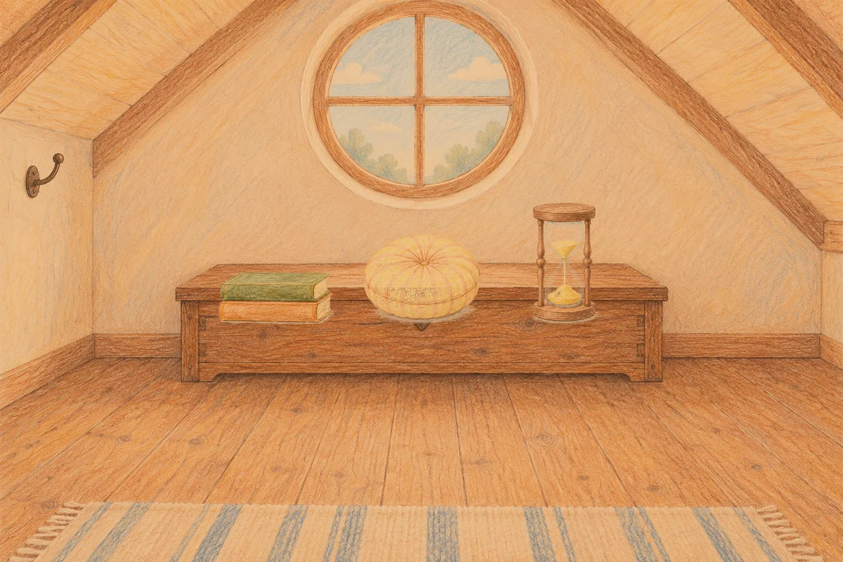 부평 여성전용 다이어트 마사지 안내 그림, 저녁의 다락방 나무 궤짝 위에 놓인 책 두 권, 둥근 쿠션, 모래시계