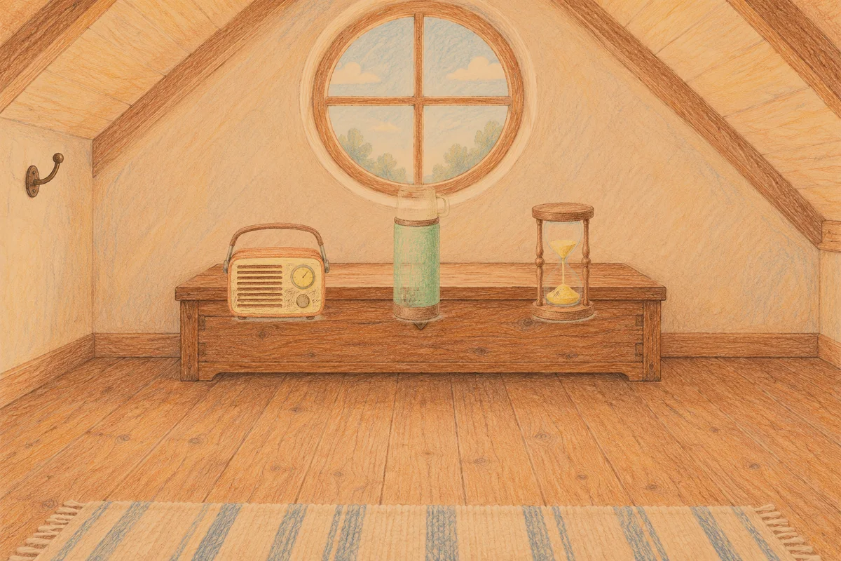부평 여성전용 복부 마사지 안내 그림, 저녁의 다락방 나무 궤짝 위에 놓인 작은 라디오, 보온병, 모래시계