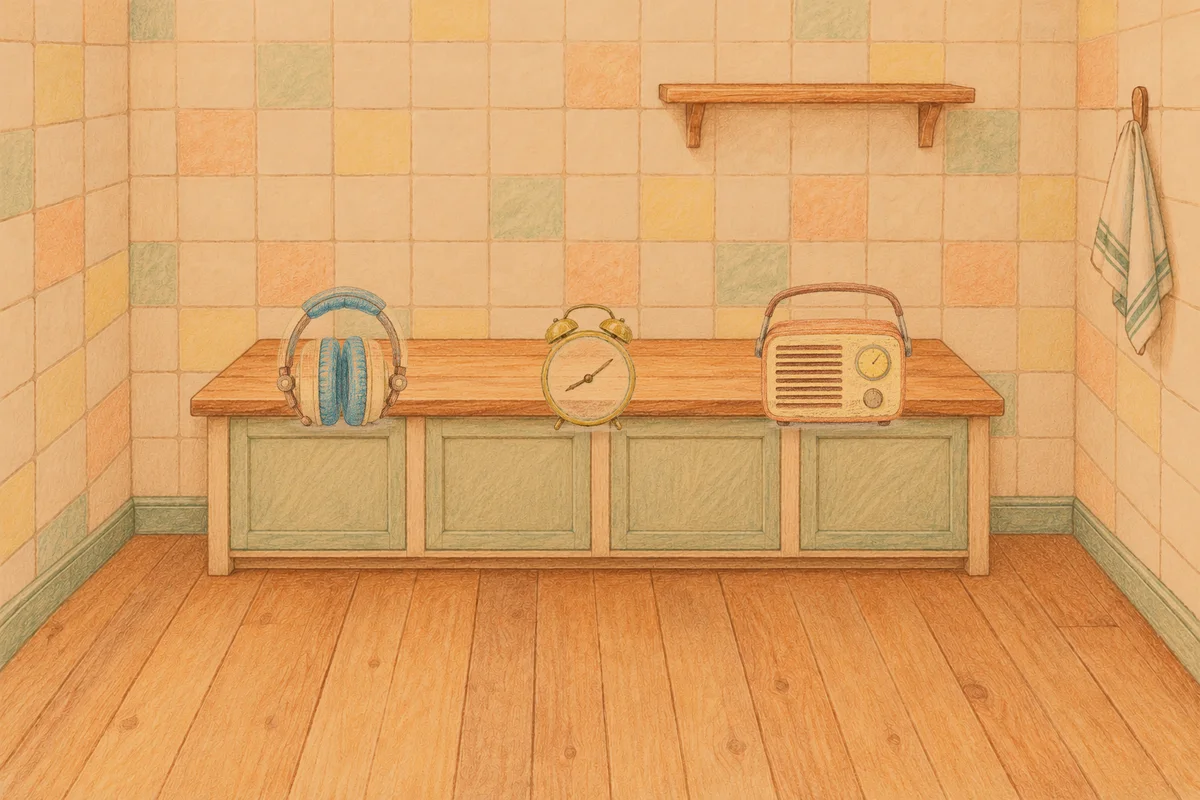 부평 여성전용 두피 마사지 안내 그림, 저녁의 부엌 나무 조리대 위에 놓인 헤드폰, 둥근 알람시계, 작은 라디오