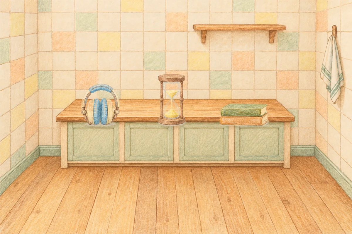 부평 여성전용 어깨 마사지 안내 그림, 낮의 부엌 나무 조리대 위에 놓인 헤드폰, 모래시계, 책 두 권
