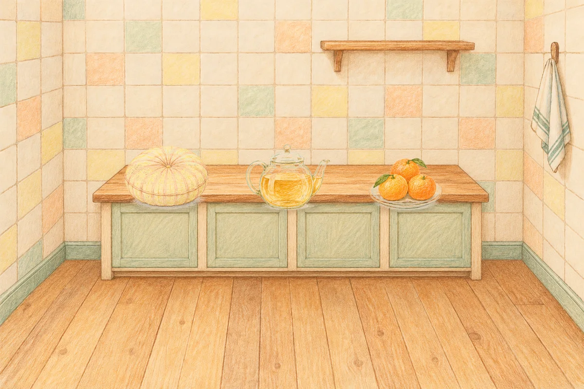 부평 여성전용 두통 완화 마사지 안내 그림, 낮의 부엌 나무 조리대 위에 놓인 둥근 쿠션, 유리 티포트, 귤이 담긴 접시