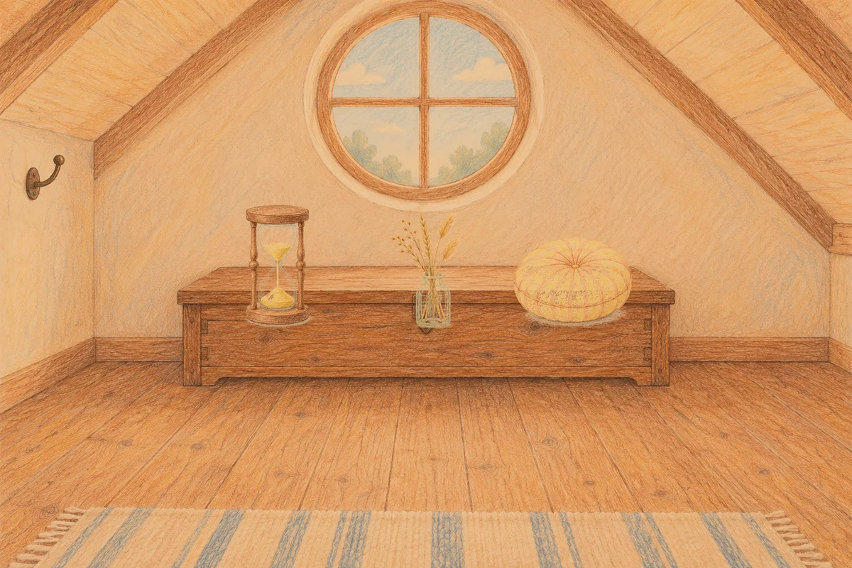 부평 여성전용 피로 회복 마사지 안내 그림, 저녁의 다락방 나무 궤짝 위에 놓인 모래시계, 마른 풀을 꽂은 항아리, 둥근 쿠션