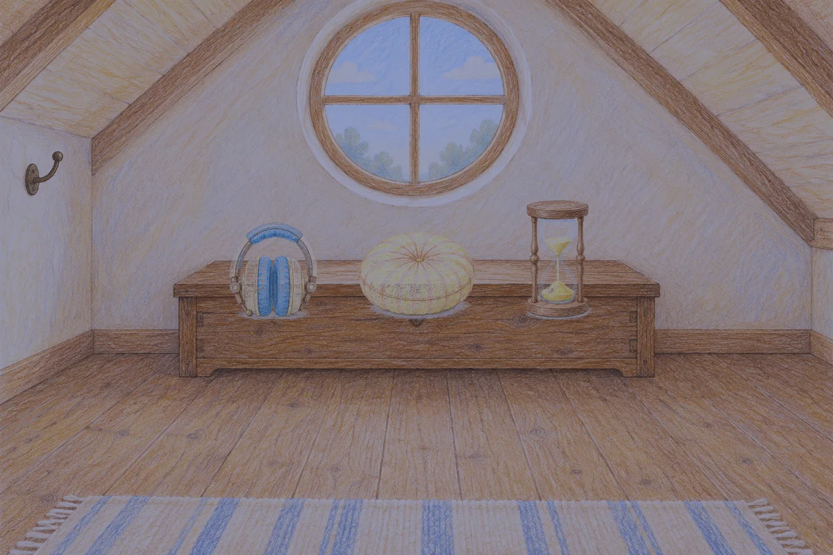 부평 여성전용 안티에이징 케어 안내 그림, 밤의 다락방 나무 궤짝 위에 놓인 헤드폰, 둥근 쿠션, 모래시계