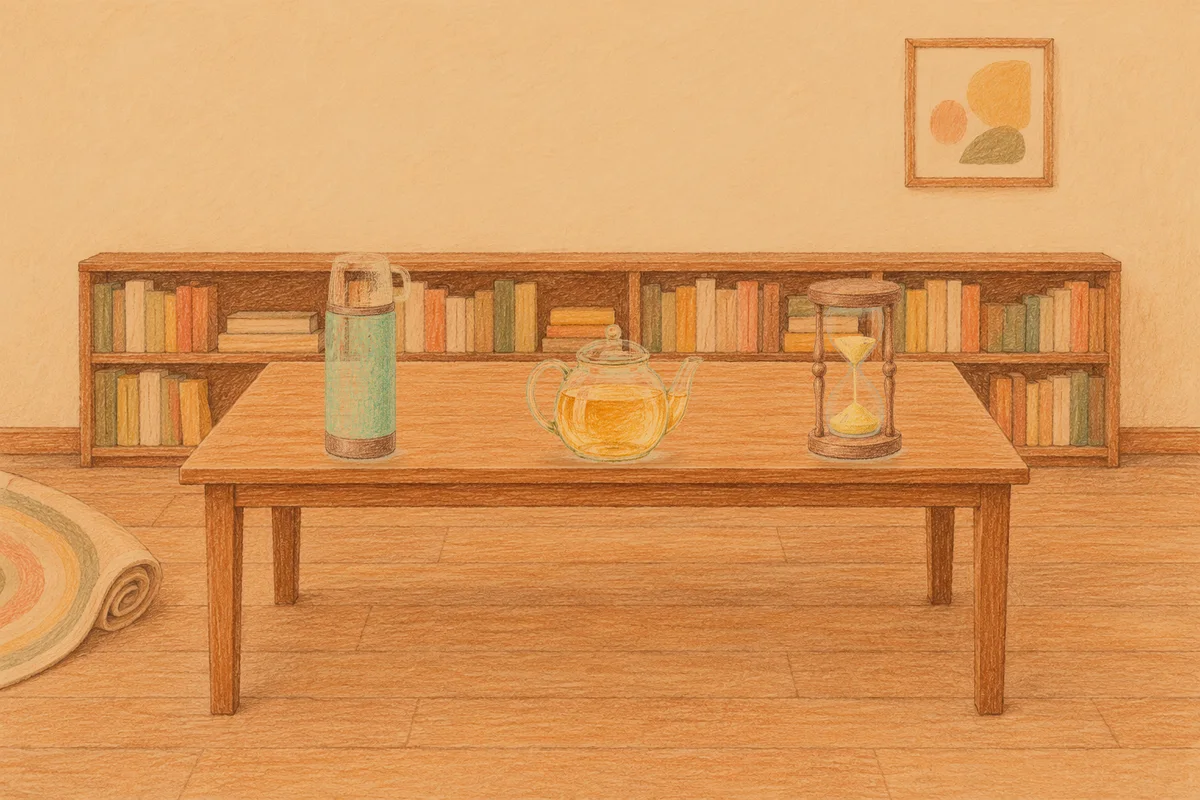 부평 여성전용 브라이덜 케어 안내 그림, 저녁의 서재 긴 책상 위에 놓인 보온병, 유리 티포트, 모래시계