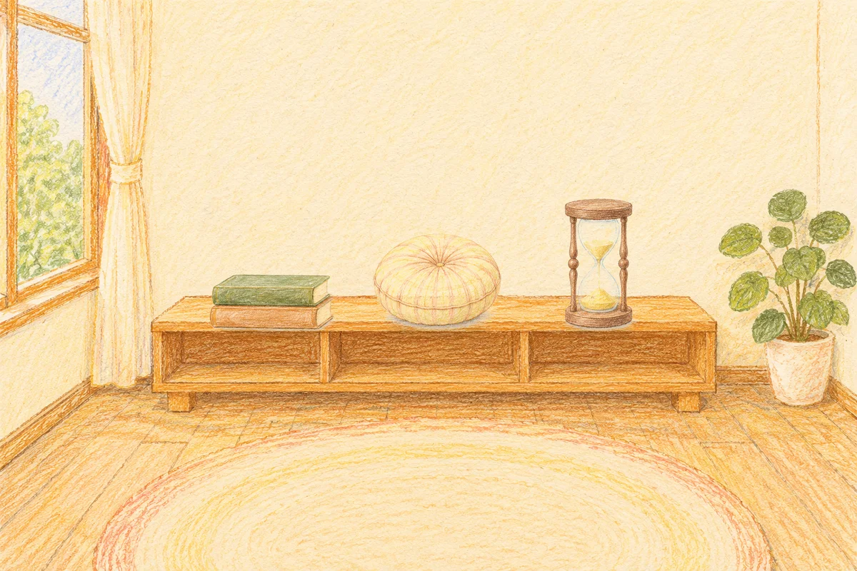 부평 여성전용 샵 마사지 안내 그림, 낮의 창가 낮은 선반 위에 놓인 책 두 권, 둥근 쿠션, 모래시계