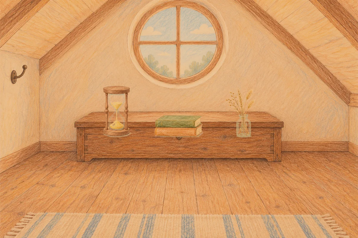 광교 여성전용 아로마 마사지 안내 그림, 저녁의 다락방 나무 궤짝 위에 놓인 모래시계, 책 두 권, 마른 풀을 꽂은 항아리