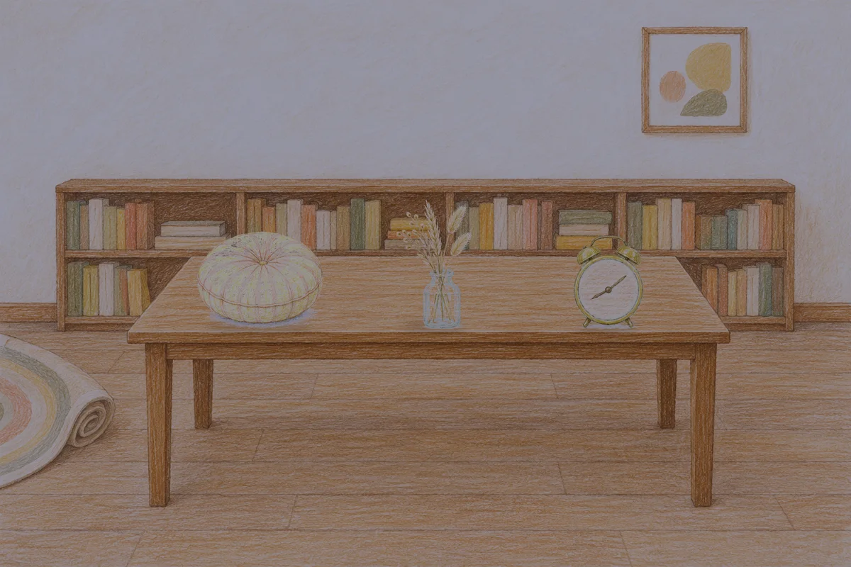 광교 여성전용 아로마테라피 안내 그림, 밤의 서재 긴 책상 위에 놓인 둥근 쿠션, 마른 풀을 꽂은 항아리, 둥근 알람시계