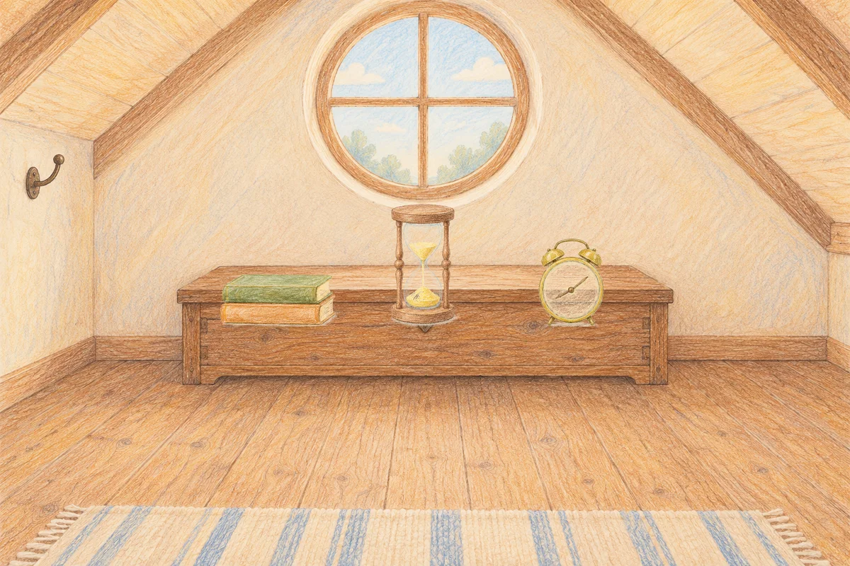 광교 여성전용 아로마 마사지 후기 안내 그림, 낮의 다락방 나무 궤짝 위에 놓인 책 두 권, 모래시계, 둥근 알람시계