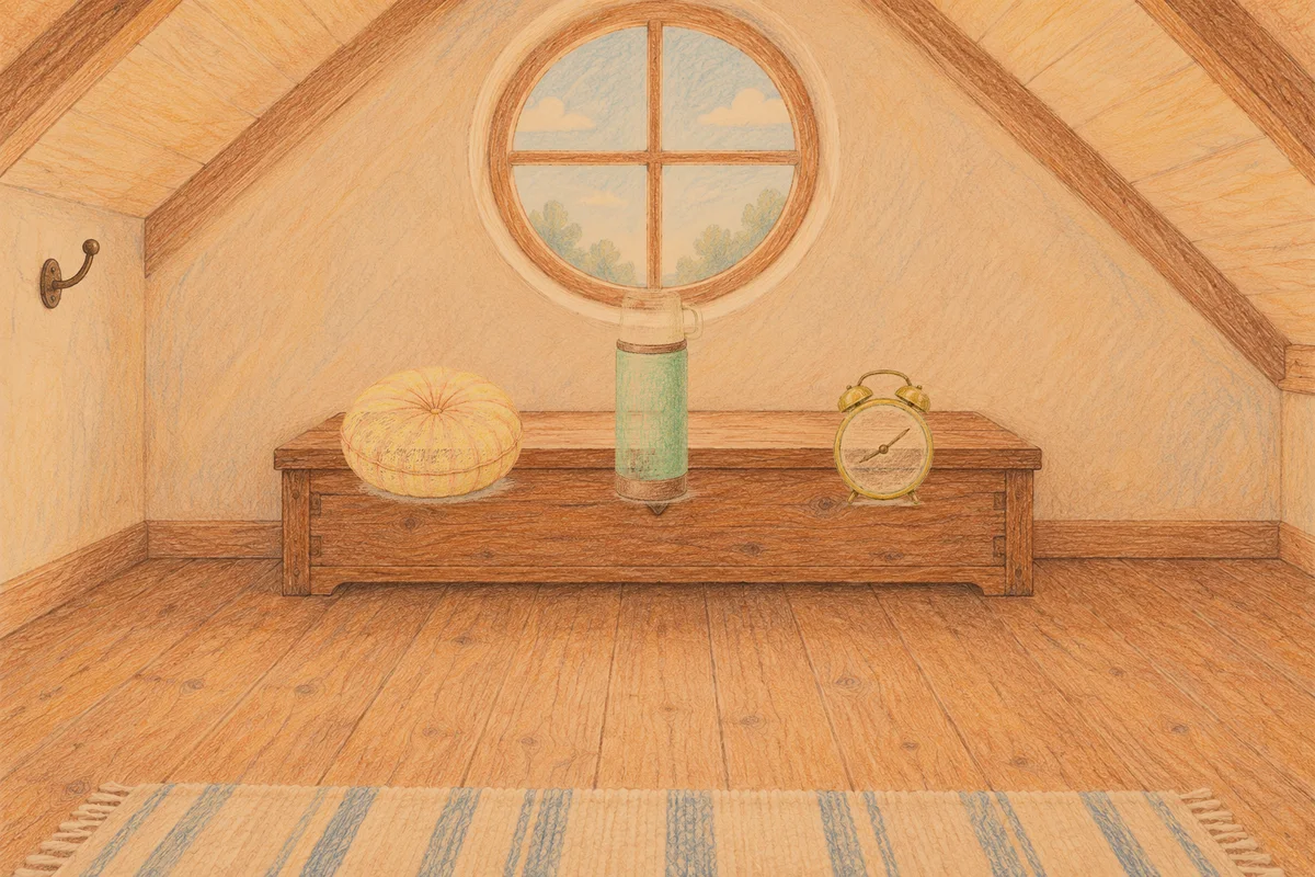 광교 여성전용 경락마사지 안내 그림, 저녁의 다락방 나무 궤짝 위에 놓인 둥근 쿠션, 보온병, 둥근 알람시계