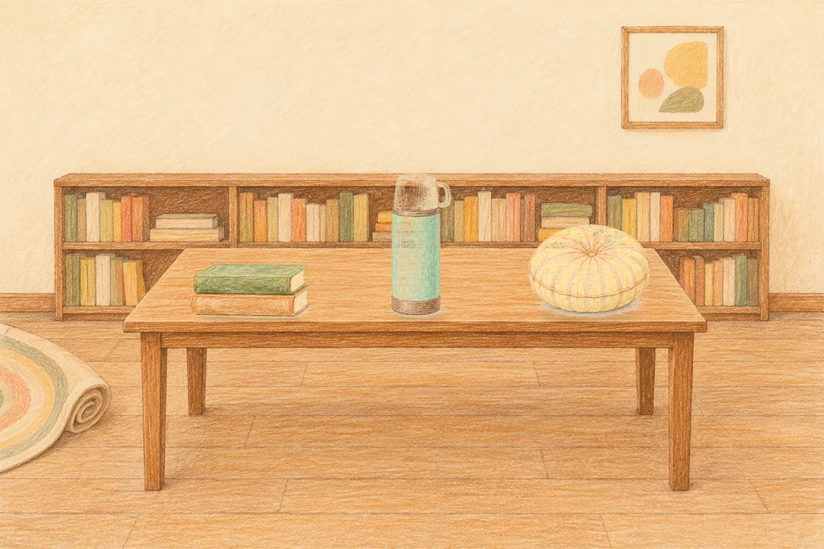 광교 여성전용 경락 마사지 안내 그림, 낮의 서재 긴 책상 위에 놓인 책 두 권, 보온병, 둥근 쿠션