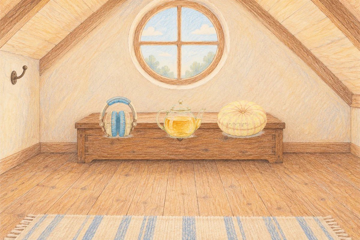 광교 여성전용 방문 마사지 안내 그림, 낮의 다락방 나무 궤짝 위에 놓인 헤드폰, 유리 티포트, 둥근 쿠션