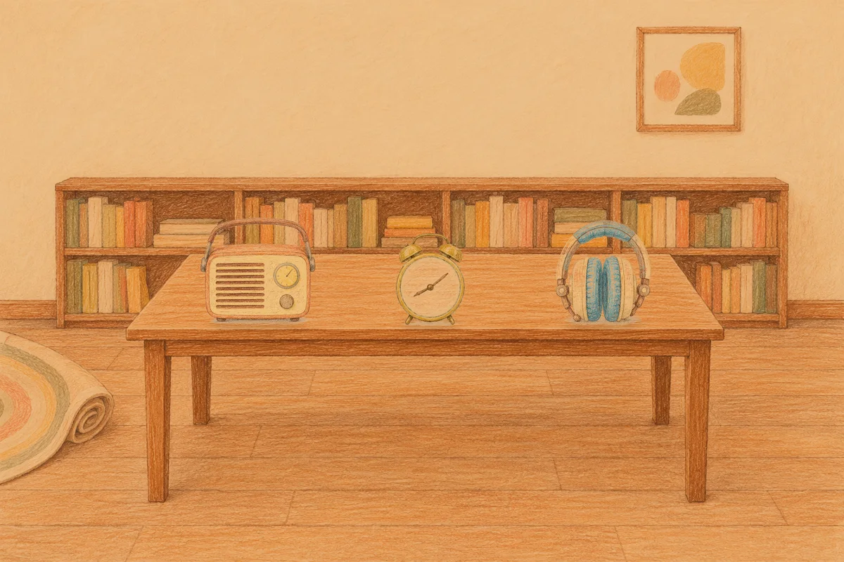 광교 여성전용 프라이빗 케어 안내 그림, 저녁의 서재 긴 책상 위에 놓인 작은 라디오, 둥근 알람시계, 헤드폰