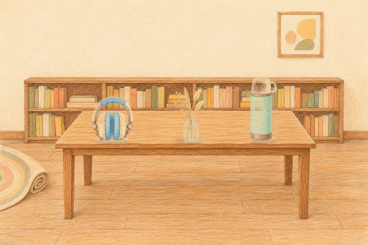 광교 여성전용 홈케어 추천 안내 그림, 낮의 서재 긴 책상 위에 놓인 헤드폰, 마른 풀을 꽂은 항아리, 보온병