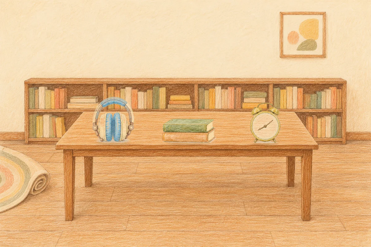 광교 여성전용 발관리 안내 그림, 낮의 서재 긴 책상 위에 놓인 헤드폰, 책 두 권, 둥근 알람시계