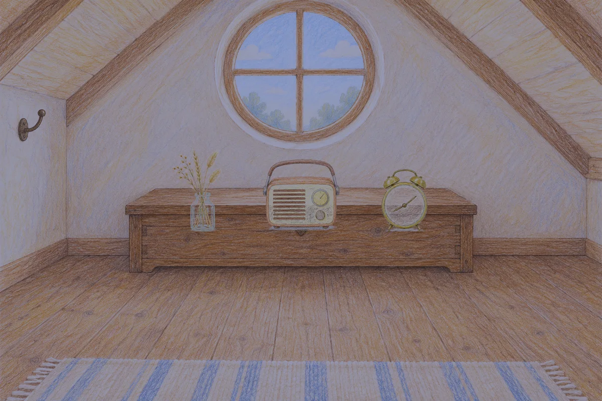 광교 여성전용 발 케어 안내 그림, 밤의 다락방 나무 궤짝 위에 놓인 마른 풀을 꽂은 항아리, 작은 라디오, 둥근 알람시계