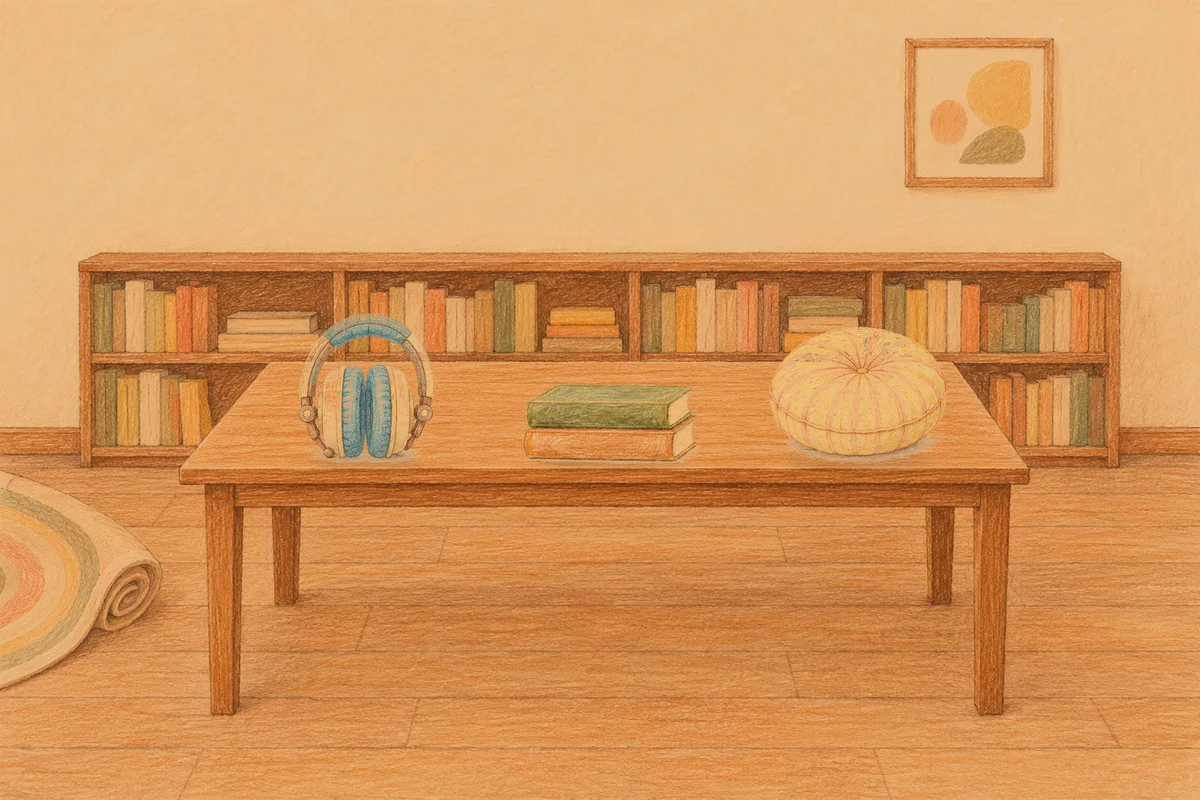 광교 여성전용 발관리 추천 안내 그림, 저녁의 서재 긴 책상 위에 놓인 헤드폰, 책 두 권, 둥근 쿠션