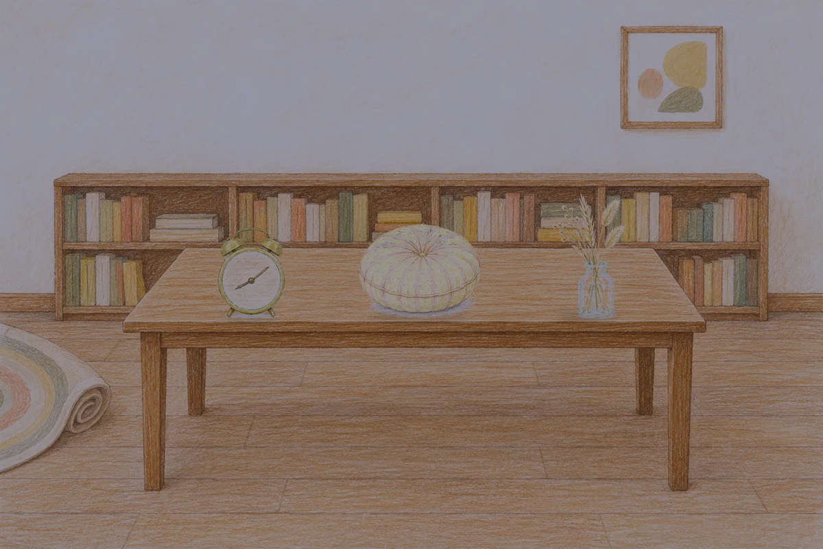 광교 여성전용 림프 마사지 안내 그림, 밤의 서재 긴 책상 위에 놓인 둥근 알람시계, 둥근 쿠션, 마른 풀을 꽂은 항아리