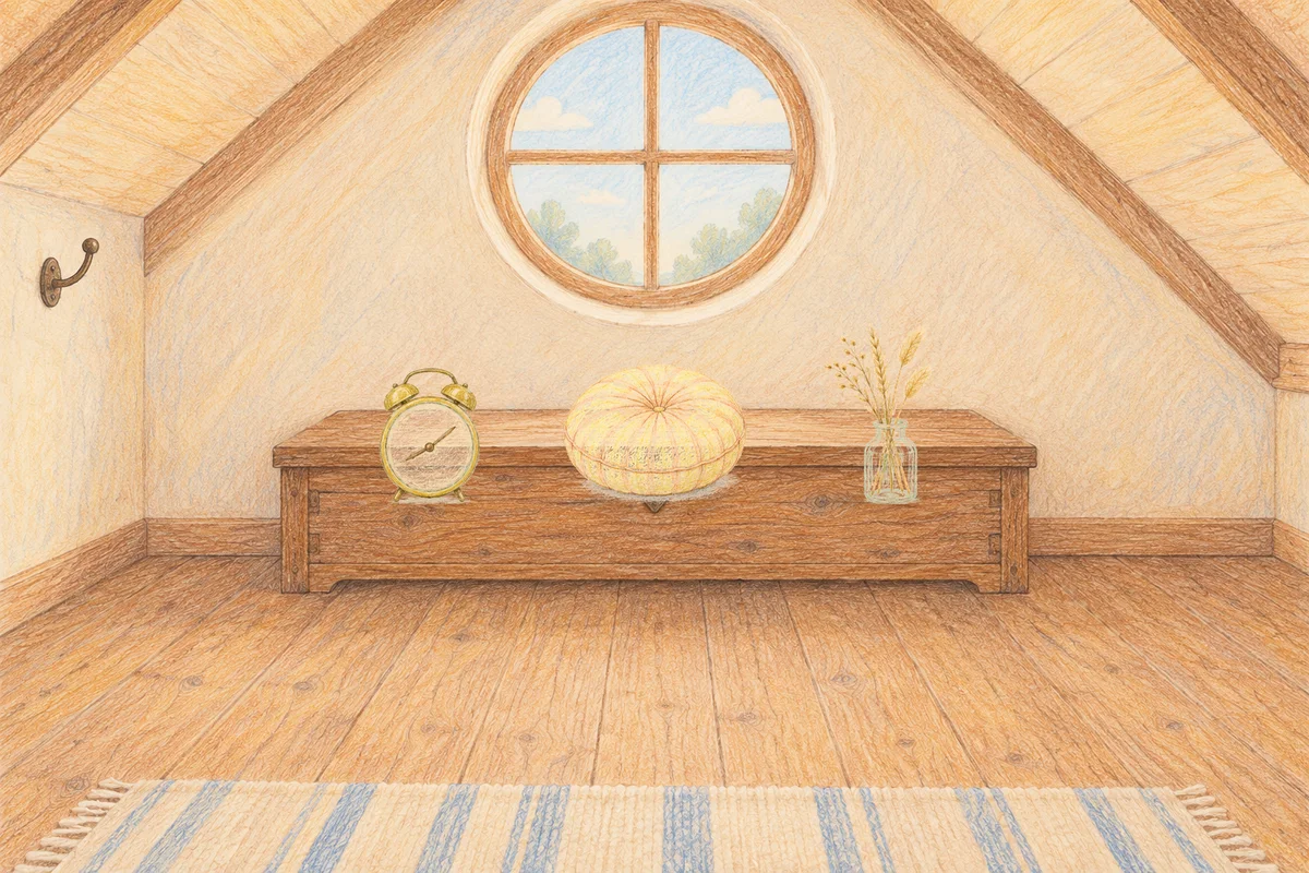 광교 여성전용 바디 케어 안내 그림, 낮의 다락방 나무 궤짝 위에 놓인 둥근 알람시계, 둥근 쿠션, 마른 풀을 꽂은 항아리