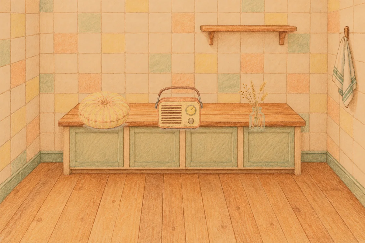 광교 여성전용 슬리밍 마사지 안내 그림, 저녁의 부엌 나무 조리대 위에 놓인 둥근 쿠션, 작은 라디오, 마른 풀을 꽂은 항아리