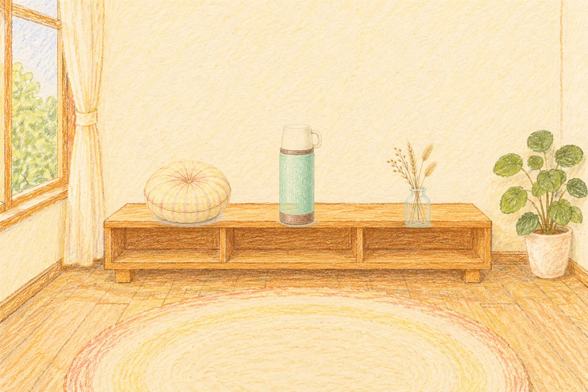 광교 여성전용 다이어트 마사지 안내 그림, 낮의 창가 낮은 선반 위에 놓인 둥근 쿠션, 보온병, 마른 풀을 꽂은 항아리