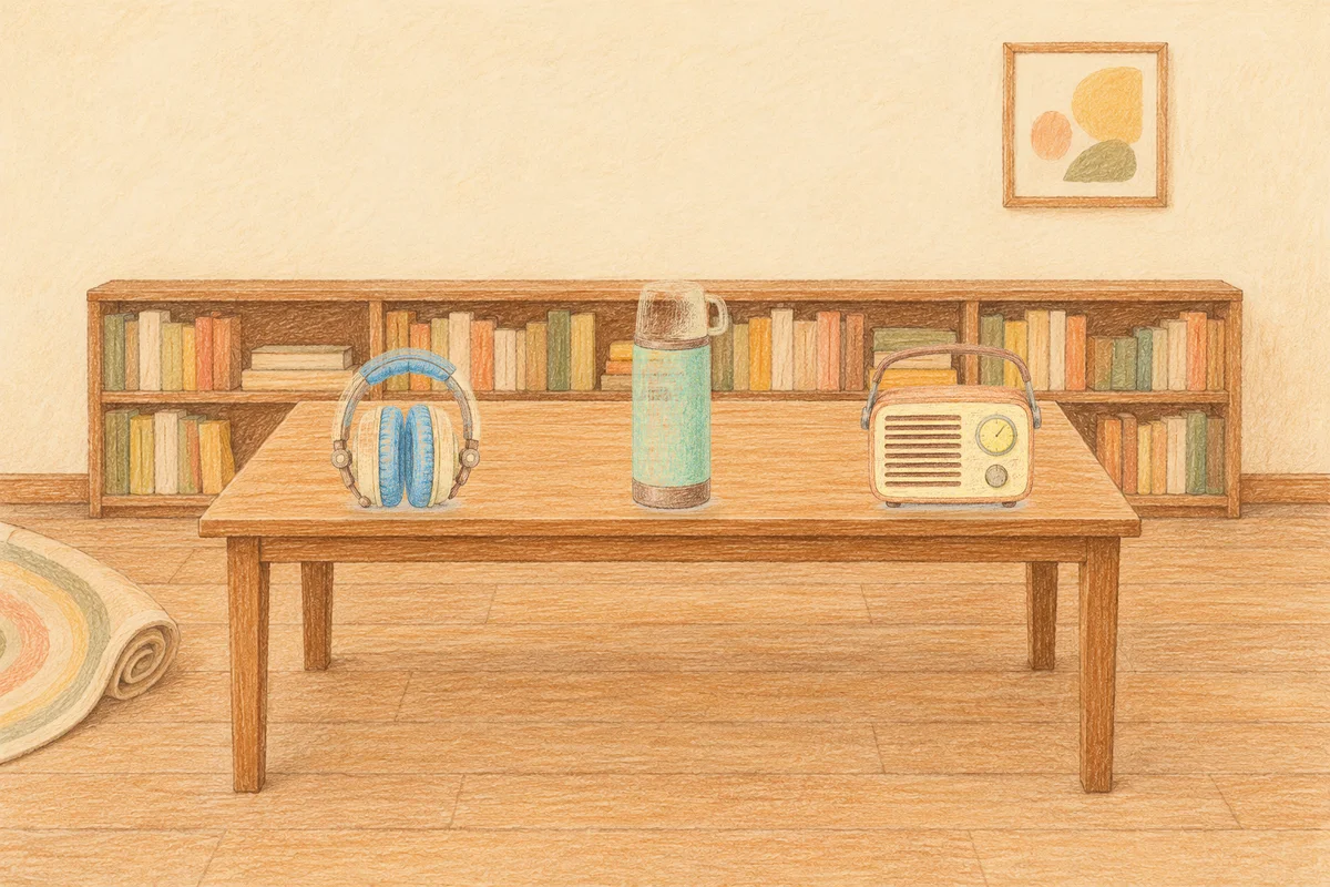 광교 여성전용 복부 마사지 안내 그림, 낮의 서재 긴 책상 위에 놓인 헤드폰, 보온병, 작은 라디오