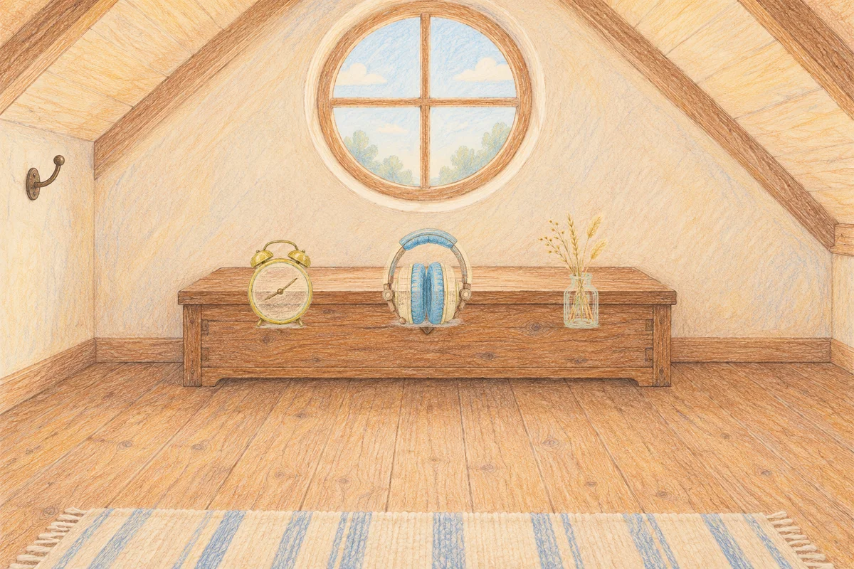 광교 여성전용 등 마사지 안내 그림, 낮의 다락방 나무 궤짝 위에 놓인 둥근 알람시계, 헤드폰, 마른 풀을 꽂은 항아리