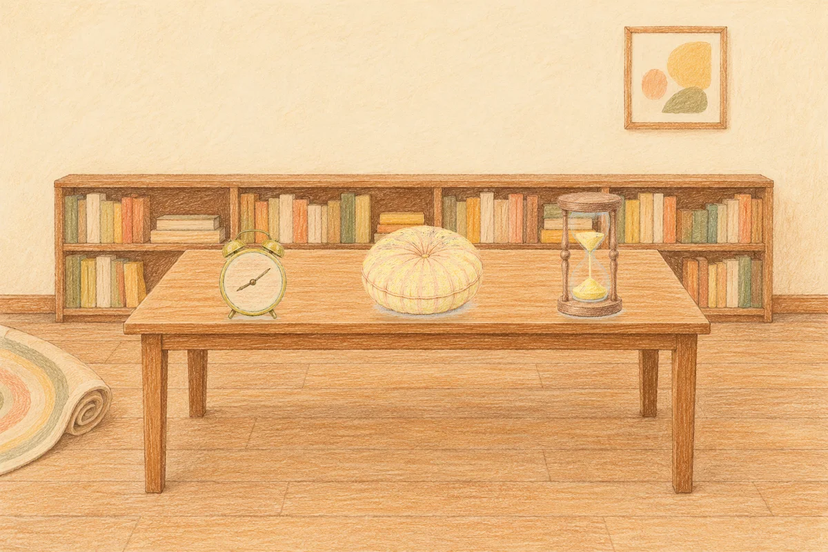 광교 여성전용 목 어깨 케어 안내 그림, 낮의 서재 긴 책상 위에 놓인 둥근 알람시계, 둥근 쿠션, 모래시계