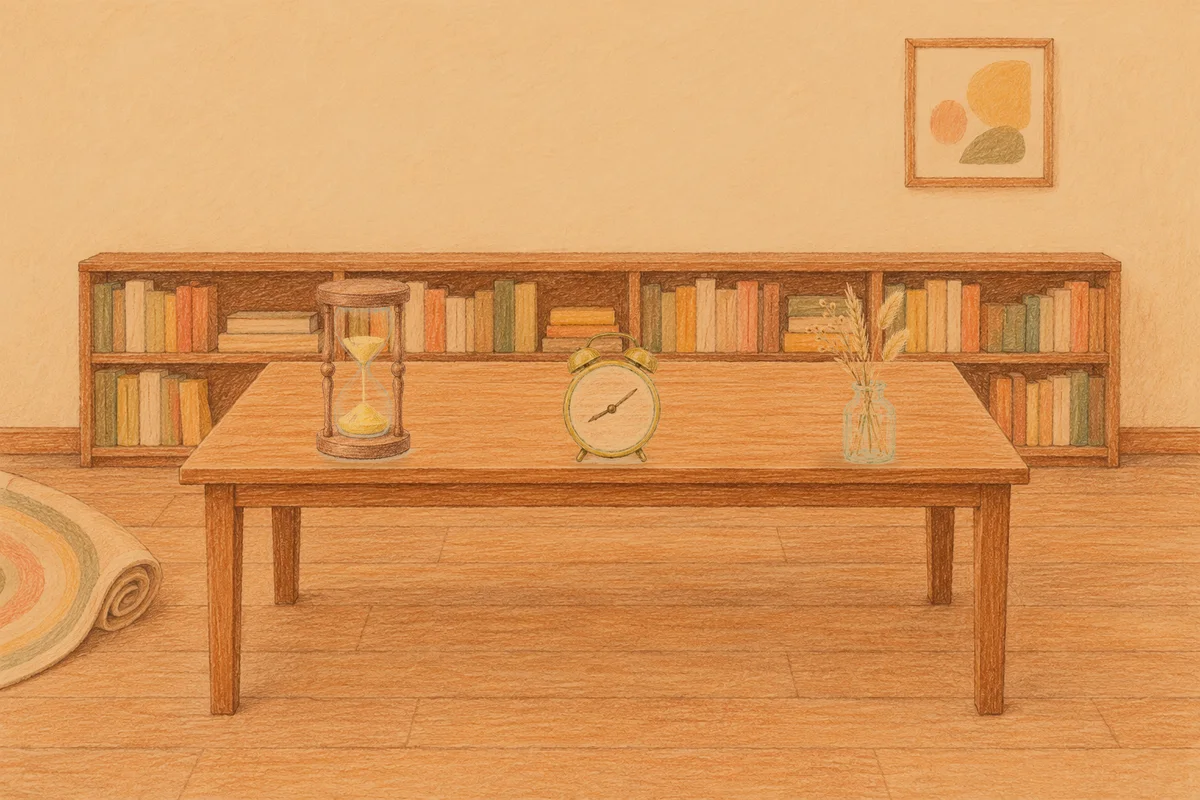 광교 여성전용 두통 완화 마사지 안내 그림, 저녁의 서재 긴 책상 위에 놓인 모래시계, 둥근 알람시계, 마른 풀을 꽂은 항아리