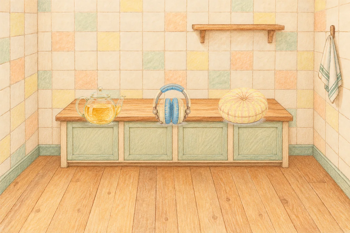 광교 여성전용 피로 회복 마사지 안내 그림, 낮의 부엌 나무 조리대 위에 놓인 유리 티포트, 헤드폰, 둥근 쿠션