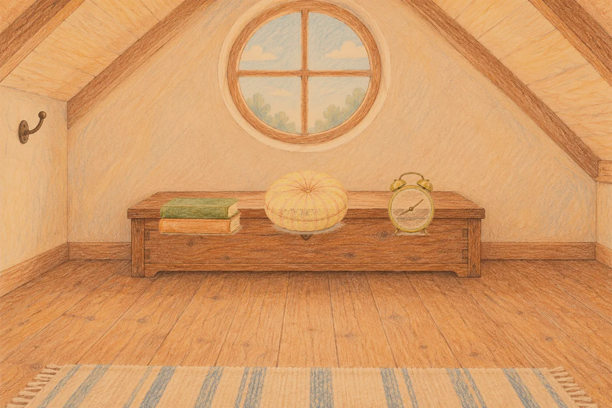 광교 여성전용 페이셜 마사지 안내 그림, 저녁의 다락방 나무 궤짝 위에 놓인 책 두 권, 둥근 쿠션, 둥근 알람시계