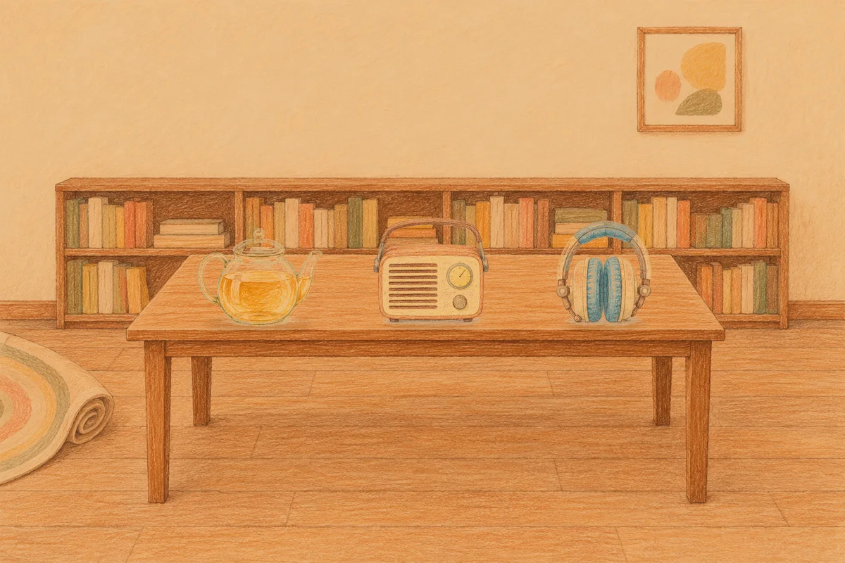 광교 여성전용 안티에이징 케어 안내 그림, 저녁의 서재 긴 책상 위에 놓인 유리 티포트, 작은 라디오, 헤드폰